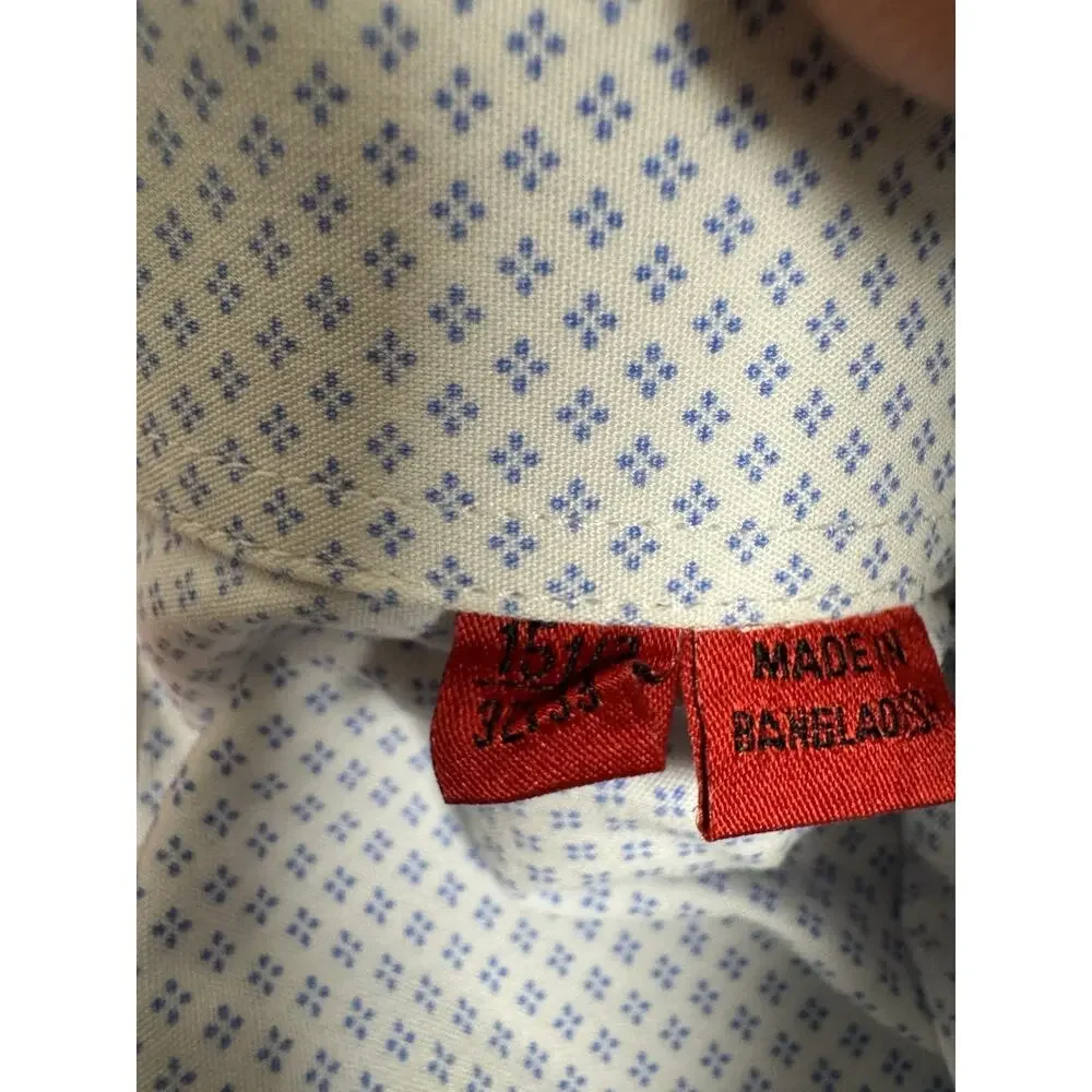 HUGO Hugo Boss Mens Sharp Fit White Blue Micro Print Long Sleeve Dress Shirt L